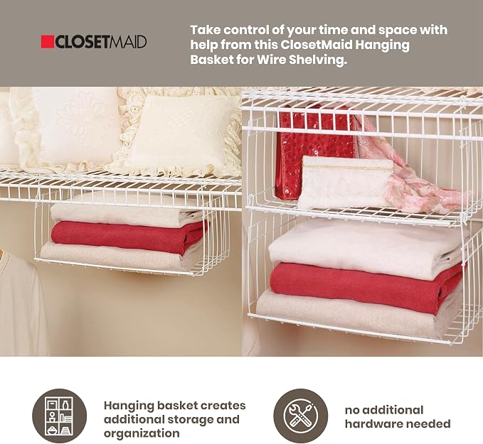ClosetMaid 17 Inch Wide Hanging Basket Wire Shelving Accessory for Closet Shelves, Pantry Organizer, Kitchen, and Bathroom Storage, 2 Pack, White - Image 7