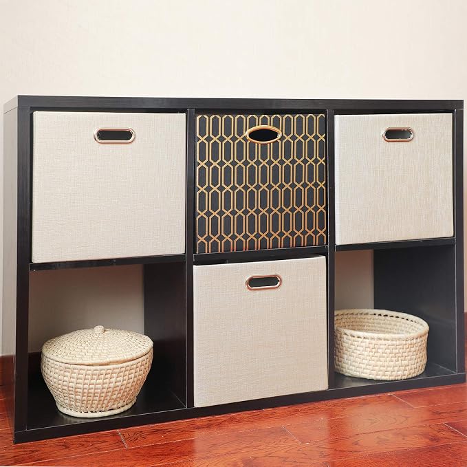 Posprica Storage Bins, Storage Cubes,13×13 Fabric Drawers Organizer Basket Boxes Containers (13×13×13/4pcs, Black/gold geometry Pattern) - Image 7
