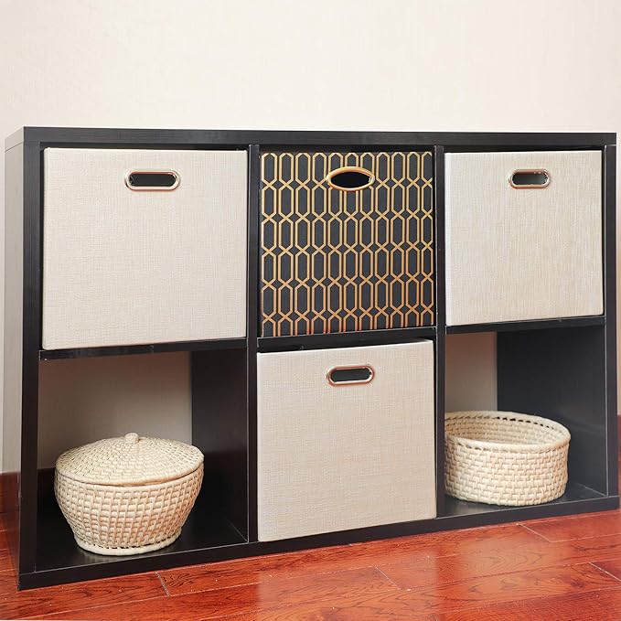 Posprica Foldable Storage Bins,13×13 Storage Cubes Basket Containers for Shelf Cabinet Bookcase Boxes,Thick Fabric Drawers - Set of 2, Beige - Image 7