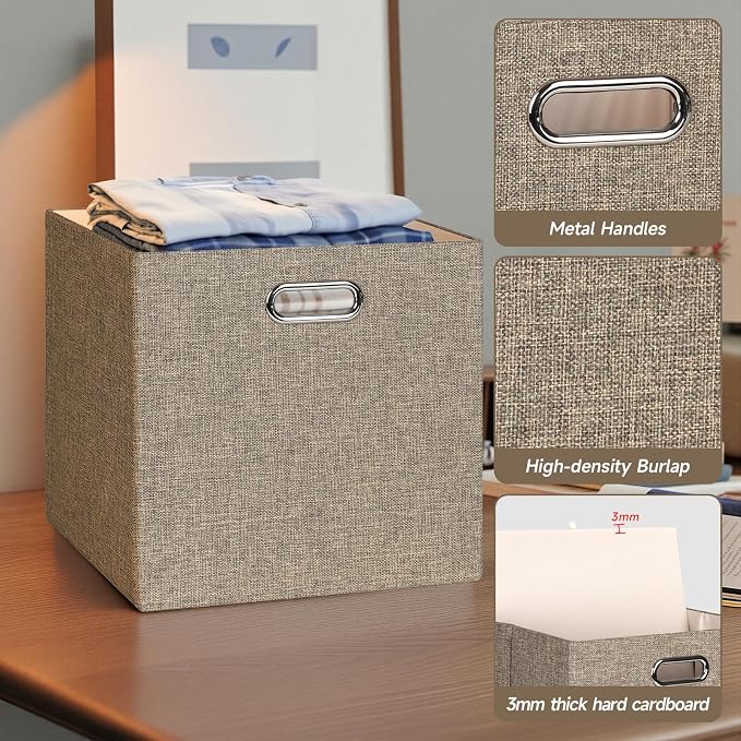 Posprica Collapsible Storage Bins,13×13 Foldable Storage Cube Boxes Fabric Drawer Fabric Storage Bins Vinyl Record Light Coffee, 4 Pack - Image 4
