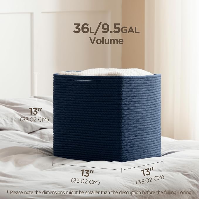 joybest 13inch Cube Storage Bins, Cotton Rope Woven Organizer Basket | Set of 4 Cube Bin Square Shelves Organizer Closet Storage, Nursery, Toy Organization, Navy Blue - Image 3