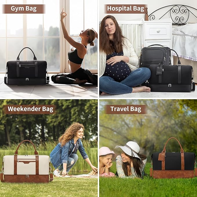 Oeihuivt Weekender Bags for Women - 21 Inch Large Travel Duffel Bag 3-Piece Set with Shoe Compartment, Heavy-Duty Canvas & Leather Carry On Overnight Tote (Airplane Approved) - Image 5