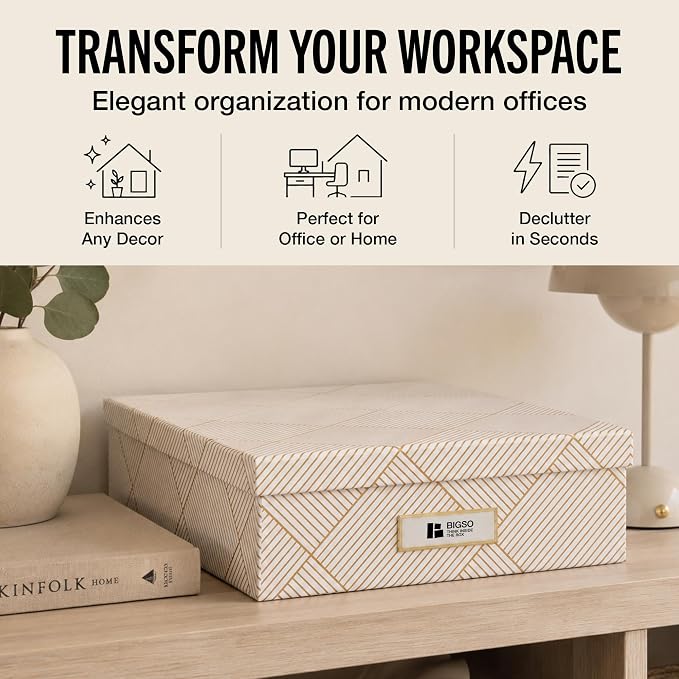 Bigso Oskar Fiberboard Label Frame Document Letter Box for Important Paperwork A4 or Letter Size - Durable Keepsake Box with Lid and Metal Label Holder - 3.3in x 10.2in x 13.8in - Golden Square - Image 2