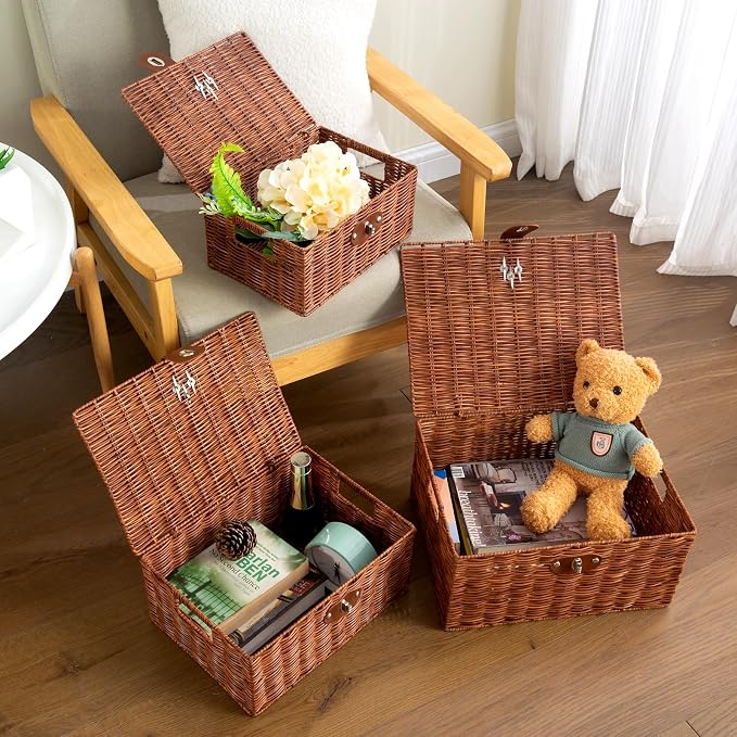 Set of 3 Woven Wicker Storage Basket Box with Lids & Lock, Built-in Carry Handles, Multifunctional Storage Organizer for Nursery, Baby, Toys, CLoset, DVD Large/Medium/Small Size (Natural) - Image 2