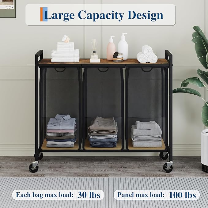 Garvee 3-Section Rolling Laundry Hamper, 120L, Rustic Brown & Black | Laundry Sorter with Shelf, Removable Bags & Wheels, Heavy Duty Clothes Basket Organizer for Laundry Room, Bathroom, Bedroom - Image 7