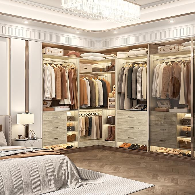 Aheaplus Closet System with 6 Drawers, 4 Hanging Rods & Corner Tower, Corner Closet System with Hanging, 86.8" L-Shaped Walk-In Wardrobe Organizer, 2000+ lbs Capacity, Set of 3, White Oak - Image 2