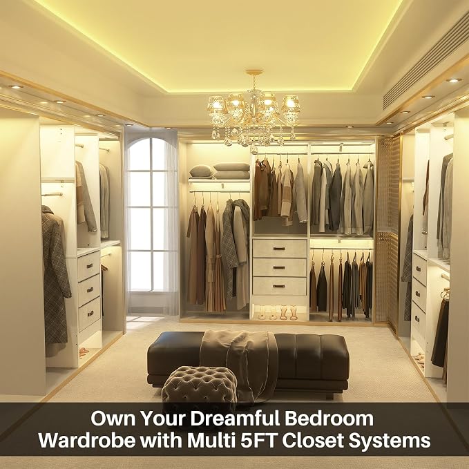 5FT Small Closet System with 3 Fabric Drawers, 60 Inches Walk In Closet Organizer System With 3 Adjustable Shelves, Heavy Duty Clothes Rack Built-In Garment Rack, 59" L x 16" W x 71" H, White - Image 6