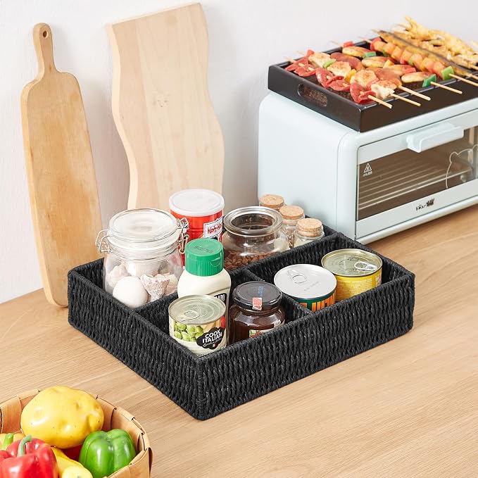 Wicker Divided Storage Basket, Black Wicker Baskets, Basket for Shelves Drawer Organizing, 3 Section Rectangular Woven Storage Baskets, 2-Pack - Image 3