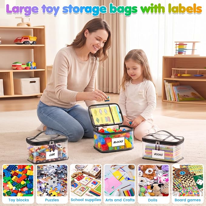6-Pack Large Clear Toy Storage Bags Transparent Waterproof With Zippers & Labels Durable Reusable Organizer for Blocks,Puzzles & Games - Image 5