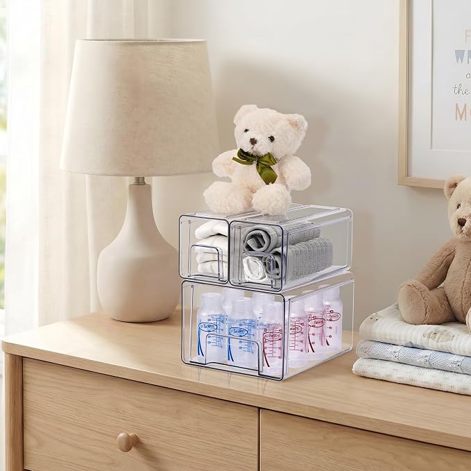 Sorbus Clear Stackable Storage Drawers (1 Large + 2 Small) | Plastic medicine-cabinet bins with handles and pull-out access for bathrooms, closets, pantries and baby bottles. - Image 4