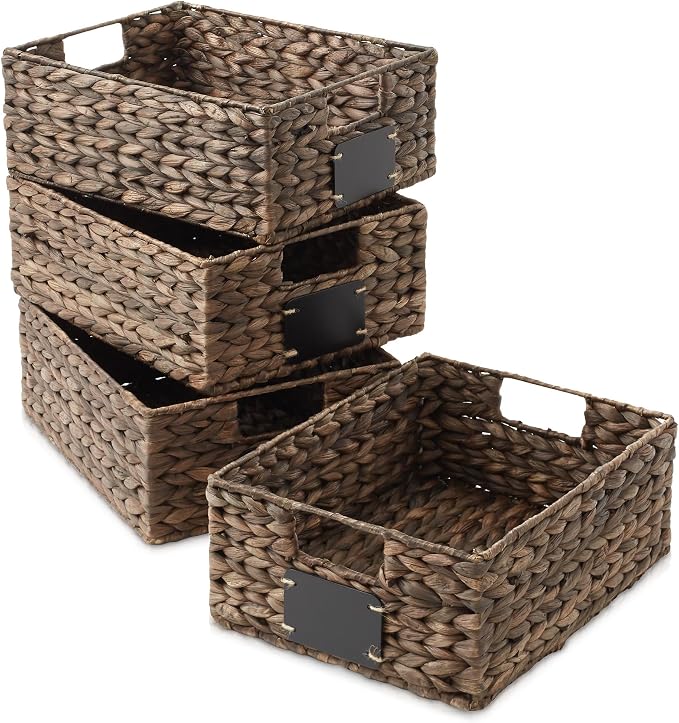 Casafield Set of 4 Water Hyacinth Pantry Baskets, 10" x 13" x 5", with Chalkboard Labels and Chalk Marker - Espresso, Woven Storage Bin Organizers for Kitchen Shelves - Image 3