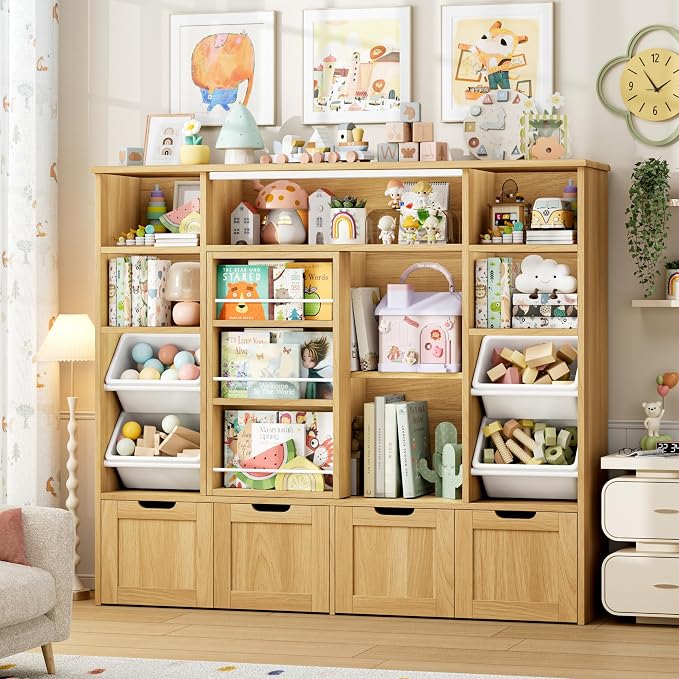 Toy Storage with Sliding Bookshelf, Toy Organizer with 4 Bins | 55.1’’ W Large Toy Storage Organizer Kids Bookshelf with 4 Movable Drawers, Toy Bins Playroom Storage for Kid Room, Natural - Image 2
