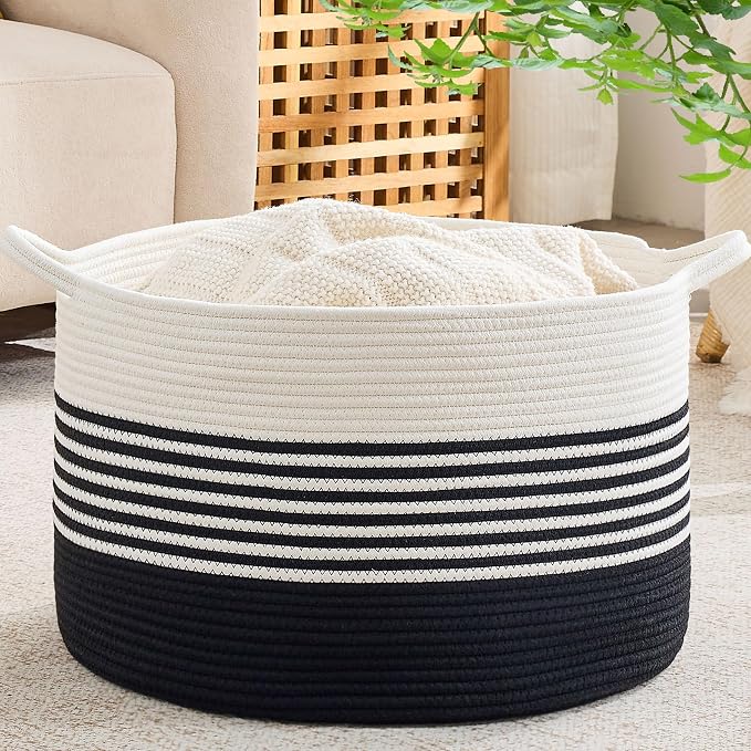 KAKAMAY Large Blanket Basket with Handles, Storage Basket for Living Room | Extra Large Capacity | Natural Cotton Rope | Blanket Storage | Woven Storage Basket | Stuffed Animal Storage | Laundry Basket by KAKAMAY