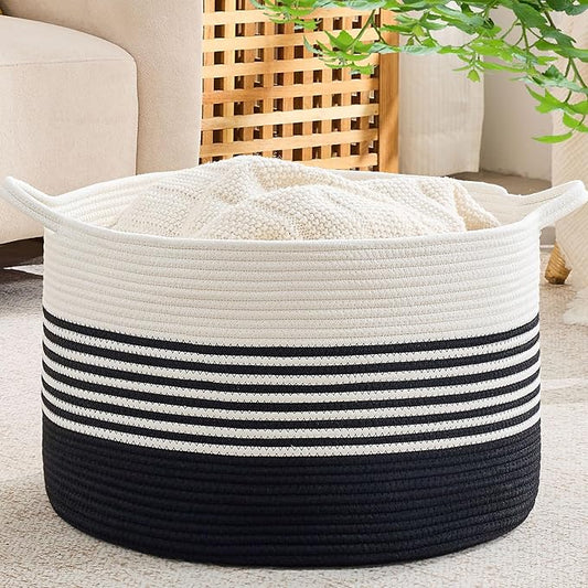 KAKAMAY Large Blanket Basket with Handles, Storage Basket for Living Room | Extra Large Capacity | Natural Cotton Rope | Blanket Storage | Woven Storage Basket | Stuffed Animal Storage | Laundry Basket by KAKAMAY