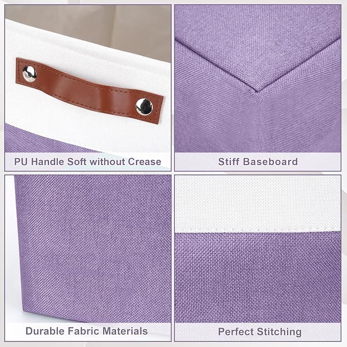 Storage Bins Large Fabric Storage Baskets for Shelves 3 Pack, Decorative Linen Closet Baskets with Handles for Organizing, Shelf, Clothes, Home, Office, 15x11x9.5Inches (Purple&White) - Image 5