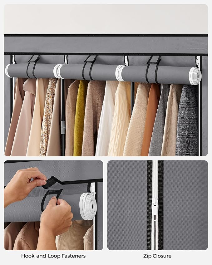 SONGMICS Portable Closet with Cover, 3 Hanging Rods and Shelves | Wardrobe Closet Organizer, 4 Side Pockets, 17.7 x 51.2 x 65.7 Inches, Dove Gray, RYLAN Collection URYG092G02 - Image 9
