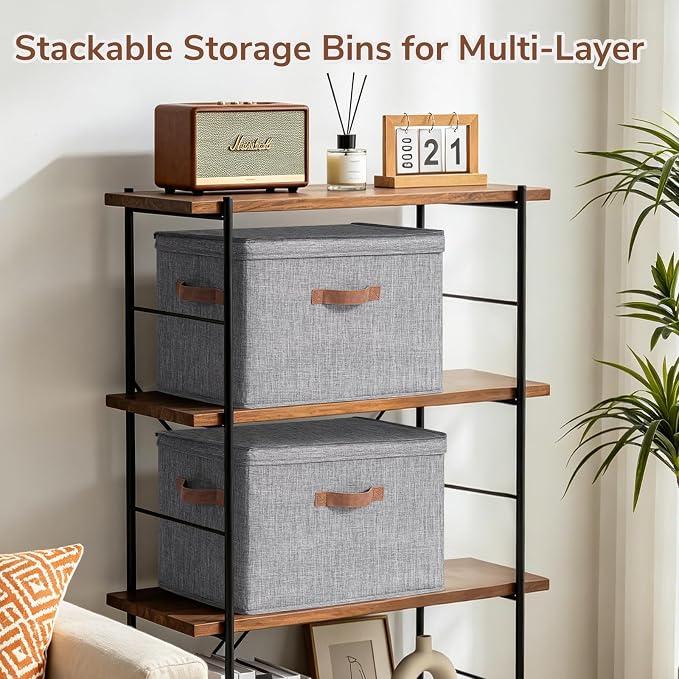 CHICVITA 4-Pack Large Fabric Storage Bins with Lids for Closet,Grey | 17.1" x 11.2" x 11.6" Storage Boxes for Shelves with Support Plate Fit Bedroom Storage Cubes with Handles for Clothes & Toys - Image 3