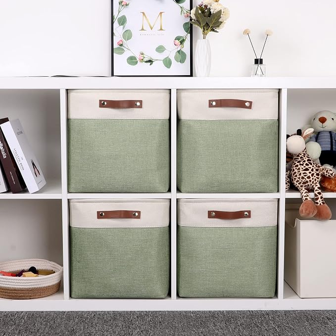 Temary Cube Storage Baskets for Shelves 4pack Fabric Storage Basket for Organizing Clothes, 13 Inch Storage Cubes with Leather Handles, Closet Baskets (White&Green) - Image 4