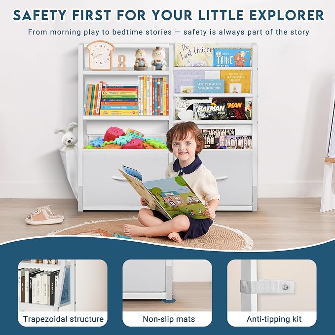 LOFTEY Kids Bookshelf and Toy Storage, Toy Box with Bookshelf, White | 29.5" Child-Friendly Height, 2 Large Fabric Drawers, 4 Sling Book Pockets, Anti-Tip Straps, for Nursery, Bedroom and Playroom - Image 7