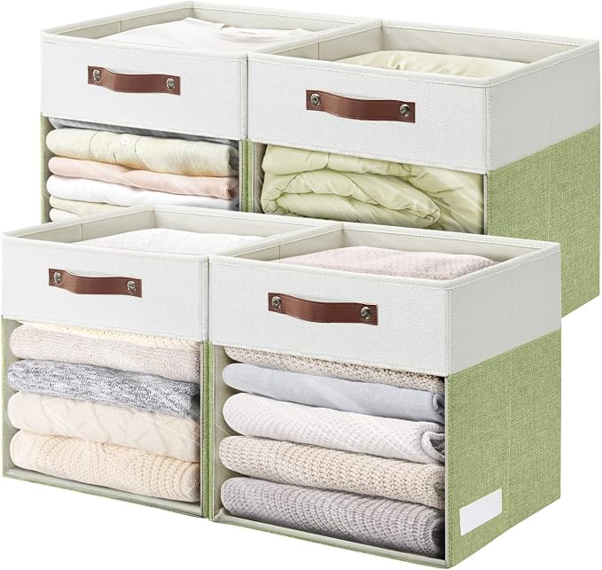 Storage Cubes, 4 Pack Linen Foldable Storage Bins (13 x 13 inch) with Clear Window and Handles, Fabric Organizer for Shelf Closet, Clothes, Books - (Green and White) by Bagnizer
