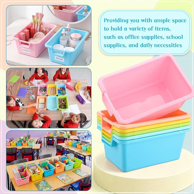 Thyle 12 Pieces Plastic Cubby Bins with Labels 11.6 x 7.7 x 5 Inch Classroom Book Bins Stacking Storage Container Organizer Storage Cubbies for Classroom Office (Handle,Light Color) - Image 6