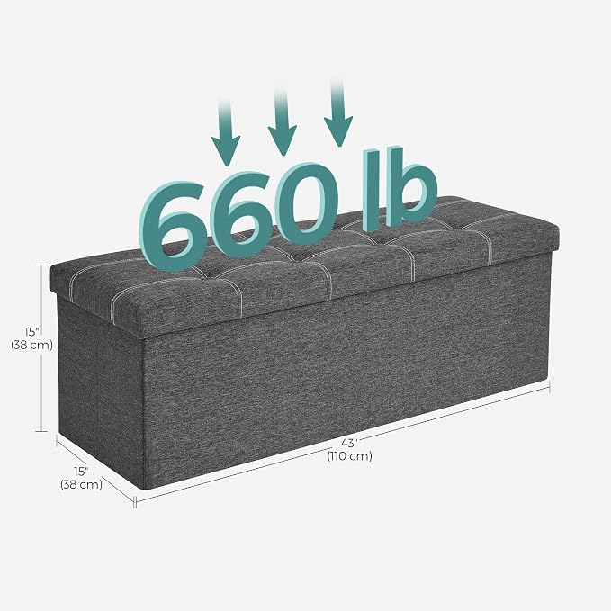 SONGMICS Mazie Collection - 43 Inches Ottoman Storage Bench, 35 Gal. Folding Chest with Breathable Linen-Look Fabric, Load up to 660 lb, for Entryway, Living Room, Bedroom, Dark Gray ULSF077G04 - Image 3