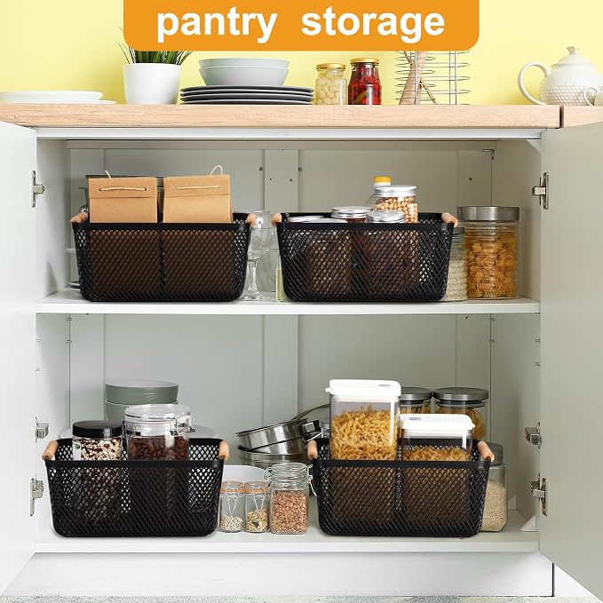 Tioncy 4 Pcs Plastic Mesh Baskets with Wood Handle Woven Mesh Storage Organizer Bins Multi-function Rectangle Baskets for Home Pantries Shelves Closet Kitchens Bedrooms(12.01 x 8.03 x 5.59 Inches) - Image 6