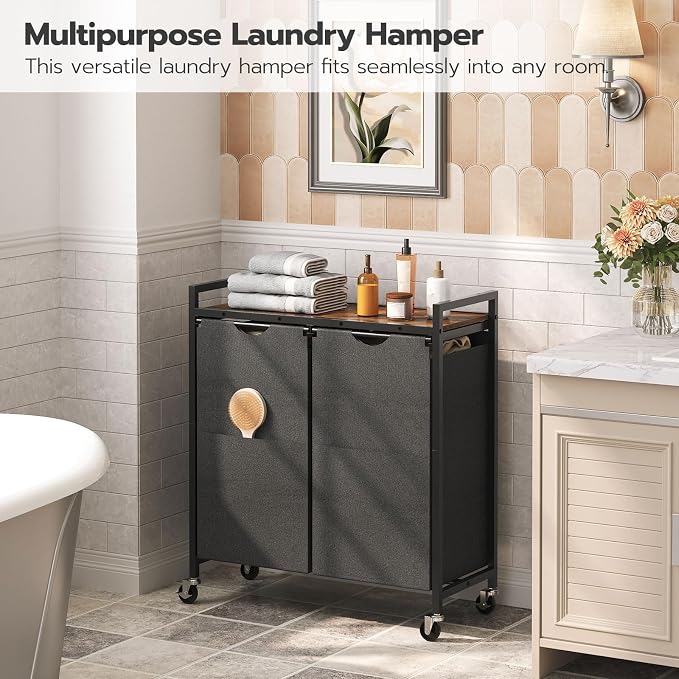 HOOBRO Laundry Hamper, Laundry Sorter 2 Section, 2 × 13 Gal (49.5L), Laundry Basket with Wheels, Rolling Cart, Pull-Out and Removable Oxford Fabric Bags, Rustic Brown and Black BF72XY01 - Image 2