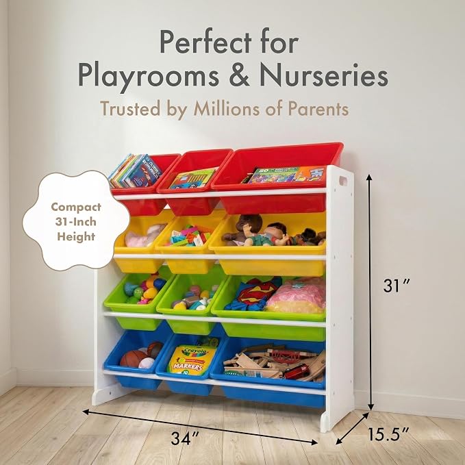 Humble Crew Kids Toy Organizer with 12 Bins, 4 Tier Storage for Playroom | Sturdy wood and steel toddler shelf, removable BPA-free containers, wall anchor anti-tip safety kit for bedroom or classroom - Image 6