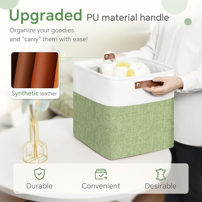 FinishingBo 11x11 Cube Storage Bins 6 Pack, Fabric Basket with Handles | Foldable Storage Cubes, PU Leather Handles,Closet Storage, White Green - Image 5