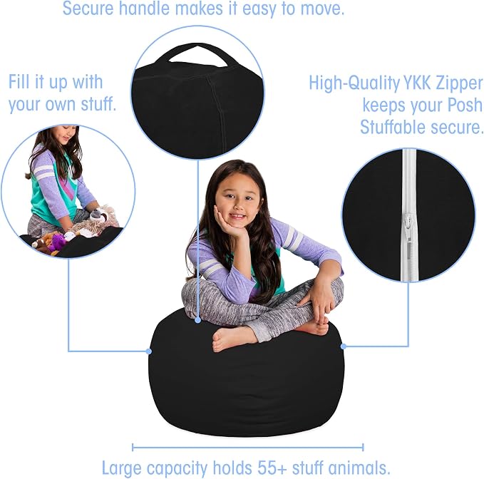 Posh Stuffable Kids Stuffed Animal Storage Bean Bag Chair Cover - Childrens Toy Organizer, Medium 27" - Solid Black - Image 2