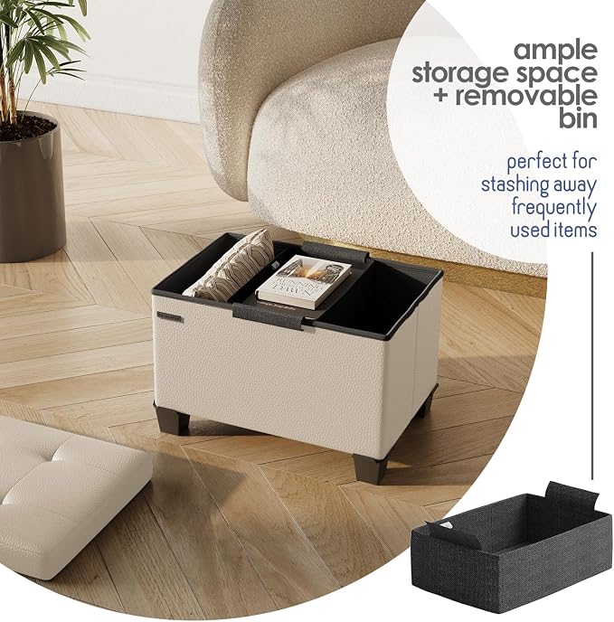 Storage Ottoman Cube with Small Bin, 16-in Square Ottoman with Storage for Living Room and Bedroom, Small Ottomans Foot Rest, Leather Foot Stools Ottomans Max 330lbs, Beige - Image 3