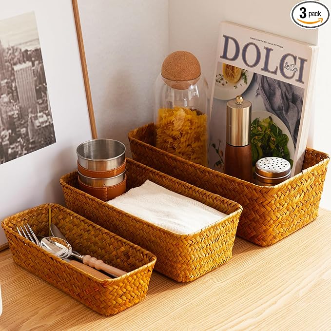 Seagrass Storage Basket, Stackable Open Woven Baskets Bins Container for Organizing Shelves Bedroom Living Room, Set of 3, Natural by Unknown