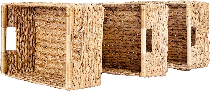 Large Wicker Basket Rectangular with Wooden Handles for Shelves, Water Hyacinth Basket Storage, Natural Baskets for Organizing, Wicker Baskets for Storage 14.5 x 10.3 x 7.5 inches - 3 Pack - Image 5
