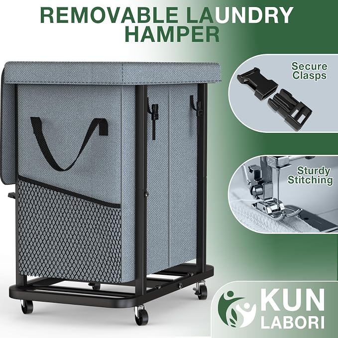 Laundry Basket with Lid,190L Rolling Laundry Hamper with Wheels,Grey | Dirty Clothes Hamper with Metal Frame and Removable Bag Design, Suitable for Laundry Room, Bedroom(2 Section) - Image 5