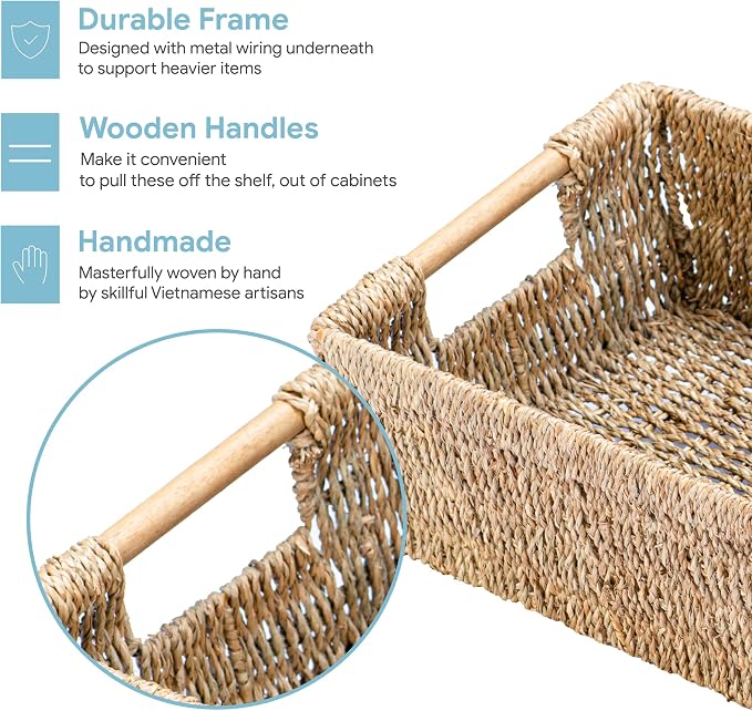 Natural Seagrass Storage Basket with Handle, Rectangular Woven Organizer Bin for Living Room or Shelf, Decorative Storage Basket, Medium Size 13.4 x 9.3 x 4.9 Inches - Image 3