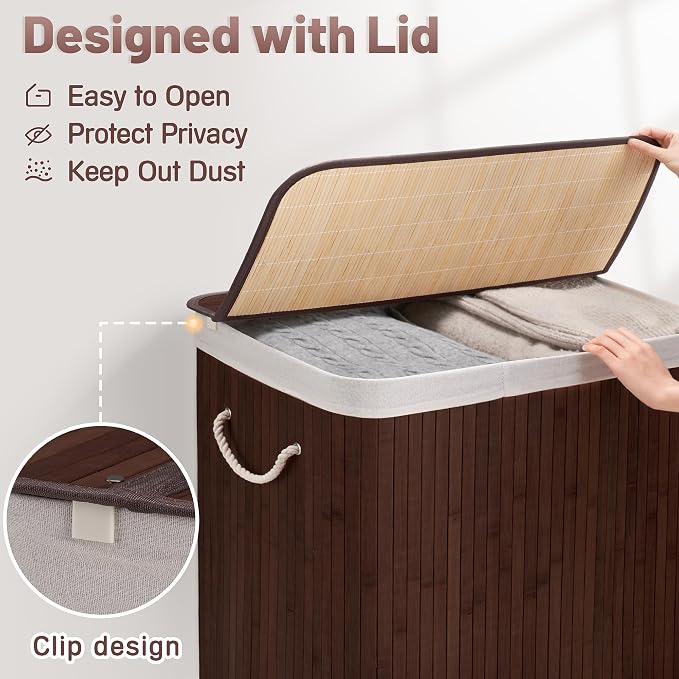 Aliphon 100L Laundry Hamper with lid, 2-Section Clothes Laundry Basket with Handles, Large Collapsible Bamboo Baskets for Bedroom, Bathroom, Dorm, Brown - Image 7