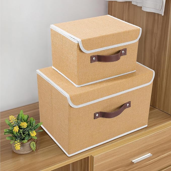 ANMINY Fabric Storage Box Bins with Lids, Khaki, 13"x9"x7.9" | Keepsake Memory Storage, Cotton Linen, PP Board Reinforced, Washable, PU Handles, Foldable & Stackable, Decorative, Medium - Image 7