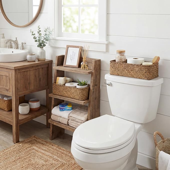 StorageWorks Toilet Paper Basket, 3-Section Toilet Tank Basket, Seagrass | Wicker Basket, Toilet Paper Storage for Back of Toilet Tank, Woven Baskets for Shelves, Wicker Baskets with 3 Compartments - Image 6