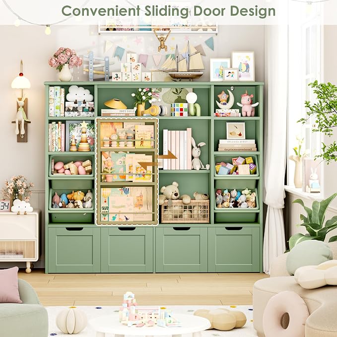 Toy Storage with Sliding Bookshelf, Toy Organizer with 4 Bins | 55.1’’ W Large Toy Storage Organizer Kids Bookshelf with 4 Movable Drawers, Toy Bins Playroom Storage for Kid Room, Green - Image 4