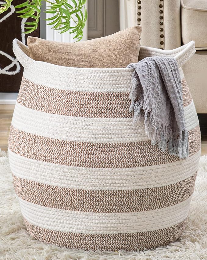 KAKAMAY Woven Baskets for Storage(17"x17"),Large Cotton Rope Woven Baby Laundry Hamper,Collapsible Laundry Basket, Blanket Basket for Organizing Living Room,Nursery,Pillows,Toy Chest(Rose) by KAKAMAY