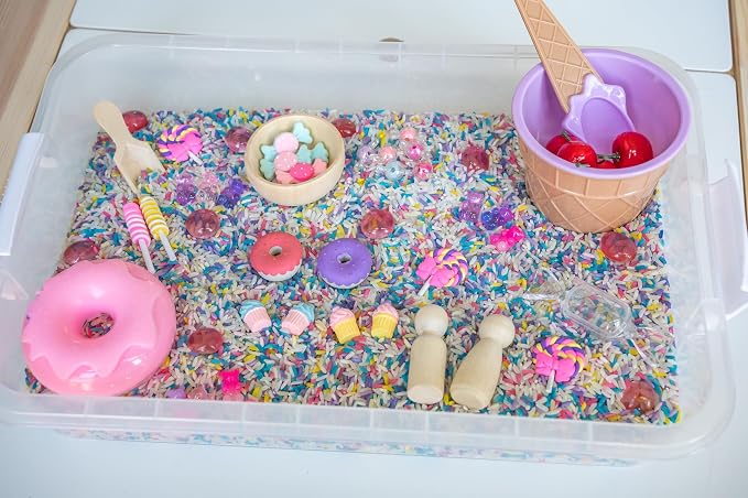 Sweets Shop Sensory Bin Kit for Kids | Bright Rainbow Rice, Candy Erasers, Donut Containers & Wooden Tools – Includes Clear Storage Bin by Unknown