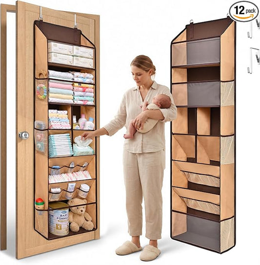 6-in-1 Over Door Hanging Organizer with 12 Mesh Pockets, 44 lbs Capacity, Light Brown – Versatile Behind Door Storage for Baby Nursery, Newborn Essentials, Bedroom, Bathroom & Dorm by ORDOVIBE