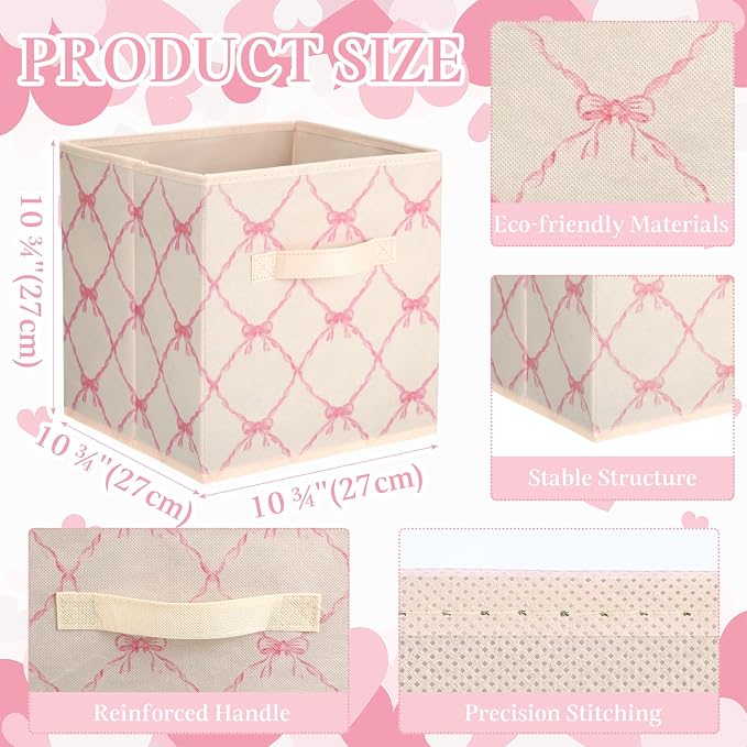 6 Pcs Beige Bow Cube Storage Bins 11 Inch Storage Basket with Handle, Preppy Girls Organizer Basket, Collapsible Fabric Box for Classroom Bedrooms Office Home Decoration Gift - Image 2