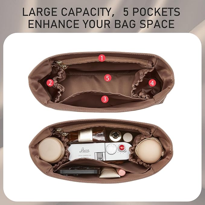 Brooklyn 28 Bag Insert, Purse Organizer Insert for Coach, Nylon Maple | Waterproof Nylon For Coach Brooklyn Shoulder Bag 28, Lightweight, 5 Compartments Zipper Pocket, Elastic Holders - Image 3