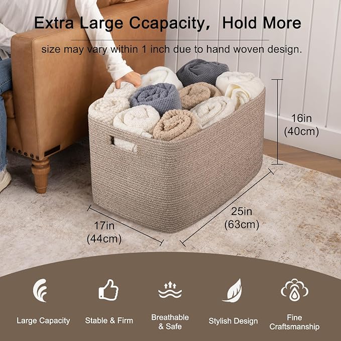 OIAHOMY 118L XXXLarge Cotton Rope Storage Basket, Oversized Blanket Basket, Used for Organizing Dirty Clothes in Living Room, Bedroom, Nursery, Dog Toy Storage Bins, 25" x 17" x 16",Brown variegated - Image 3