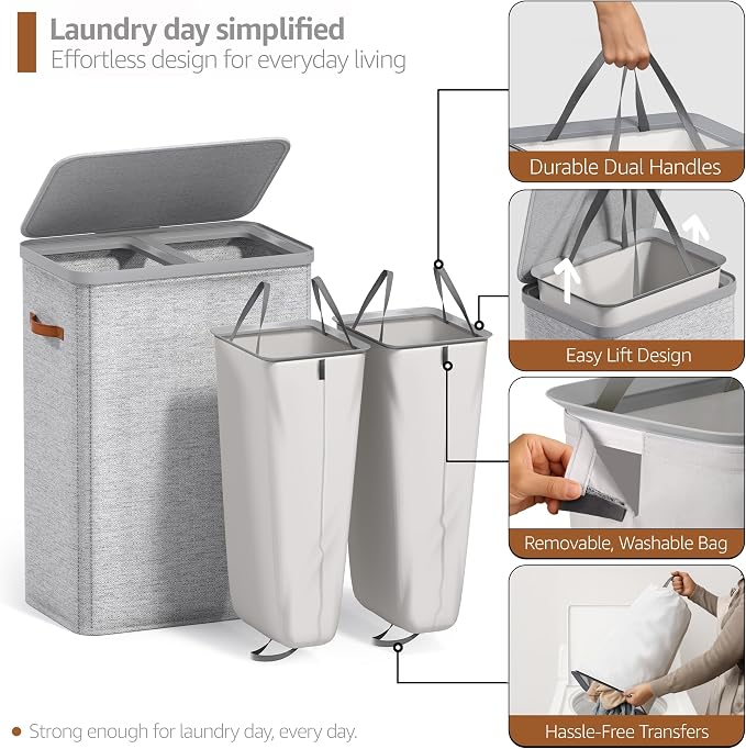 Sorbus Laundry Hamper with Lid - Collapsible 2-Compartment Fabric Laundry Basket with Handles and Removable Laundry Bag – 45 Gallon (170 L) Dirty Clothes Hamper for Bedroom, bathroom and dorm (Gray) - Image 5