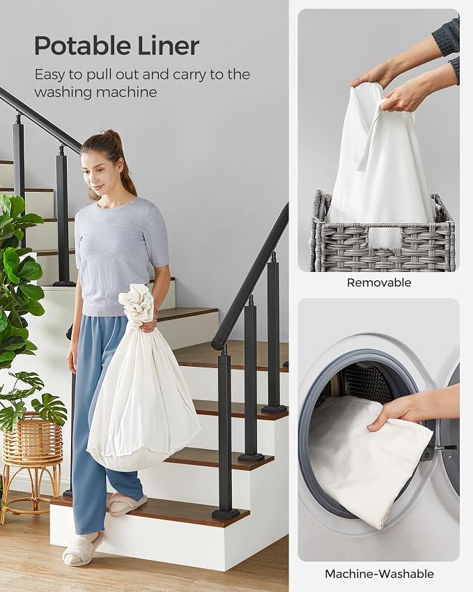 SONGMICS Laundry Hamper with Lid, 37 Gallons (140 L), Rolling Laundry Basket with Wheels, 3-Section Synthetic Rattan, Removable Liner, Bedroom, 26 x 13 x 26 Inches, Gray ULCB363G01 - Image 6