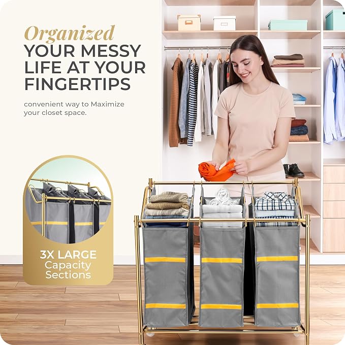 LUXURY STYLE 3- Sections Laundry Sorter, Roling Laundry Cart, Modern Golden Laundry Hamper, 3-Bags Hamper, Organizer with Wheels, Clothes Basket, XL Hamper for Clothes, Toys, and Towels (Cool Gray) - Image 6