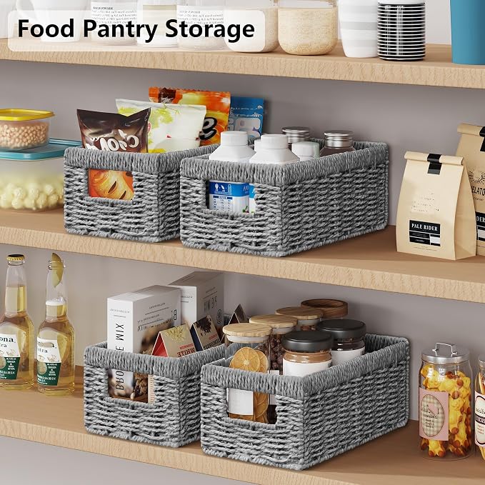 Wicker Storage Basket, Set of 2 Hand Woven Wicker Baskets for Organizing with Handles, Decorative Small Storage Bins for Countertop Toilet Paper Basket for Toilet Tank Top Shelves, Grey - Image 6